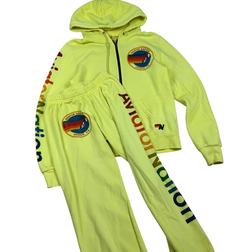 Aviator Nation Neon Yellow Zip Hoodie and Sweatpants Matching Set Size Small